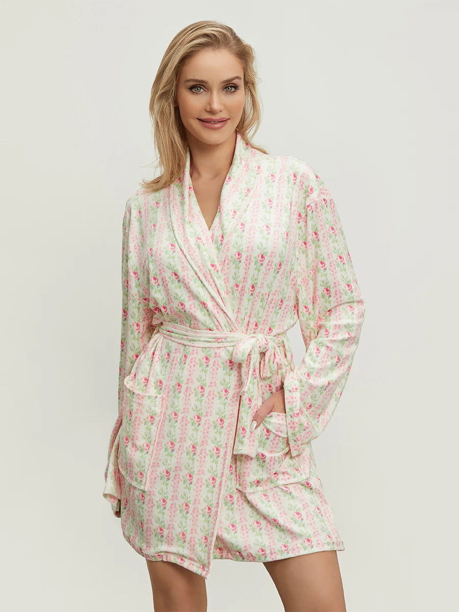 Women s Elegant Floral Print Long Sleeve Belted Robe with Lapel Collar and Convenient Pockets for Spring and Autumn Nights