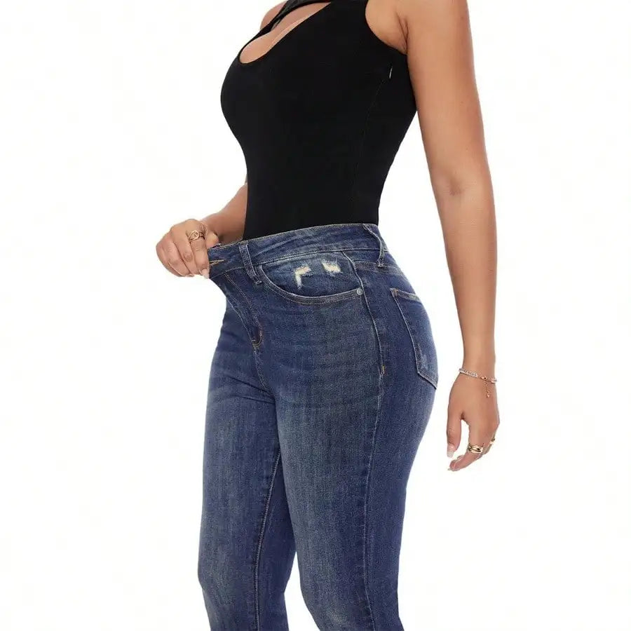 Women High Waist Stretch Hip Lift Denim Skinny Pants Jeans Full Length Sexy Slim Bleachded Solid Color Pants