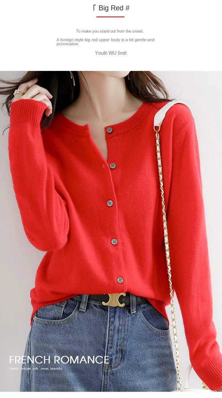 New Worsted Spring And Autumn Women Cardigan Round Neck Knitwear Solid Color Fashion High-grade Knitwear-ZD-021