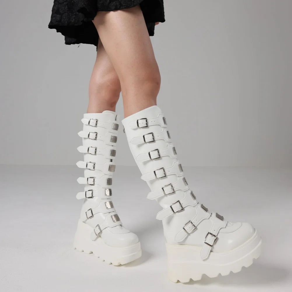 GIGIFOX Goth Metal Buckle Combat Mid-Calf Boots For Women Round Toe Platform Chunky High Wedges Cool Fashion Motorcycle Boots