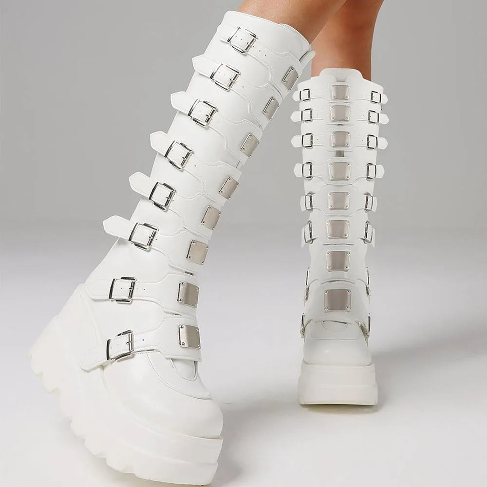 Punk Goth Women Knee High Boots Round Toe Multi Metal Buckle Zipper Motorcycle Boots Nightclub Christmas Shoes