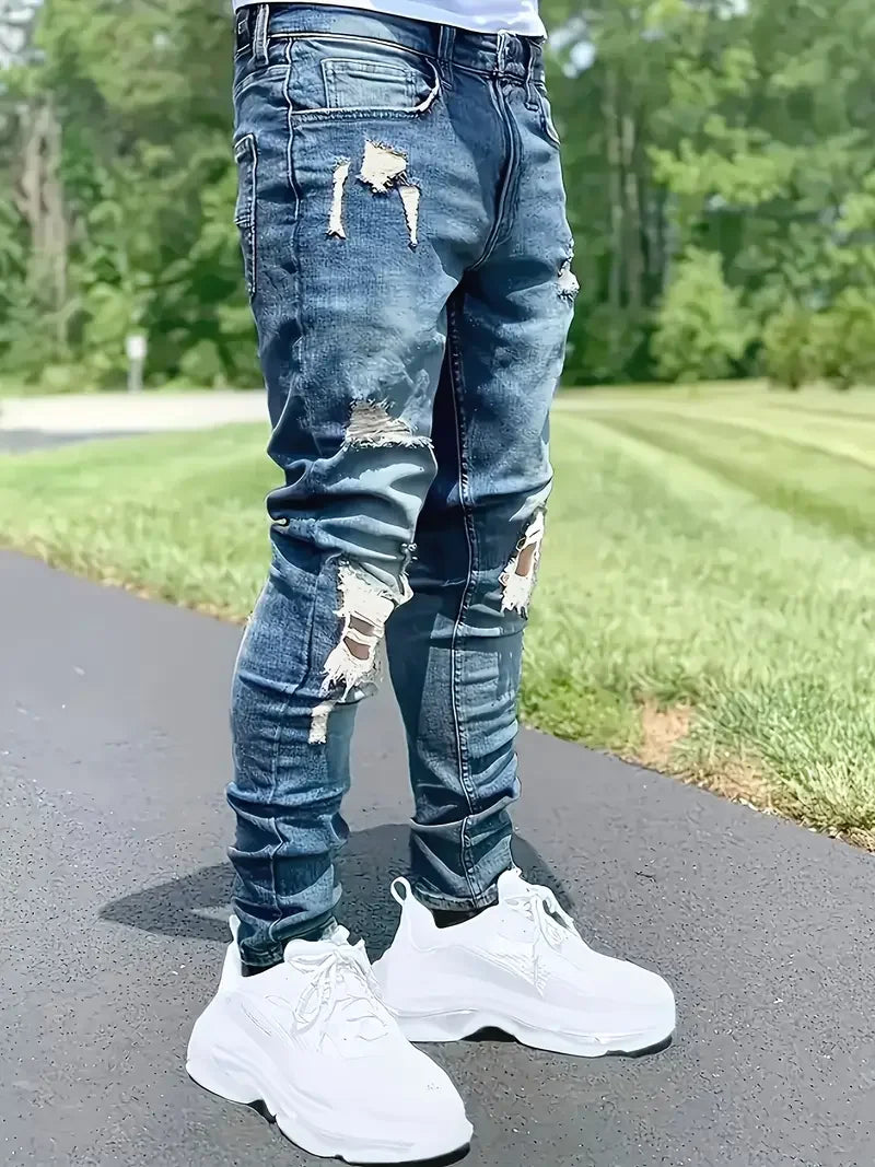 Men'S Slim Fit Distressed Jeans - Stretch Denim, Ripped Detail, Mid-Rise, Street Style, Light Blue, All-Season Casual Wear, Stre