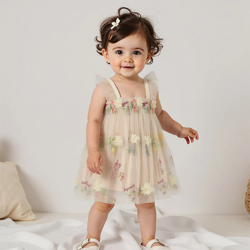 Toddler Girl Sleeveless Floral Embroidered Tulle Dress with Ruffle Square Neckline - Princess Party Dress for Baby Girl