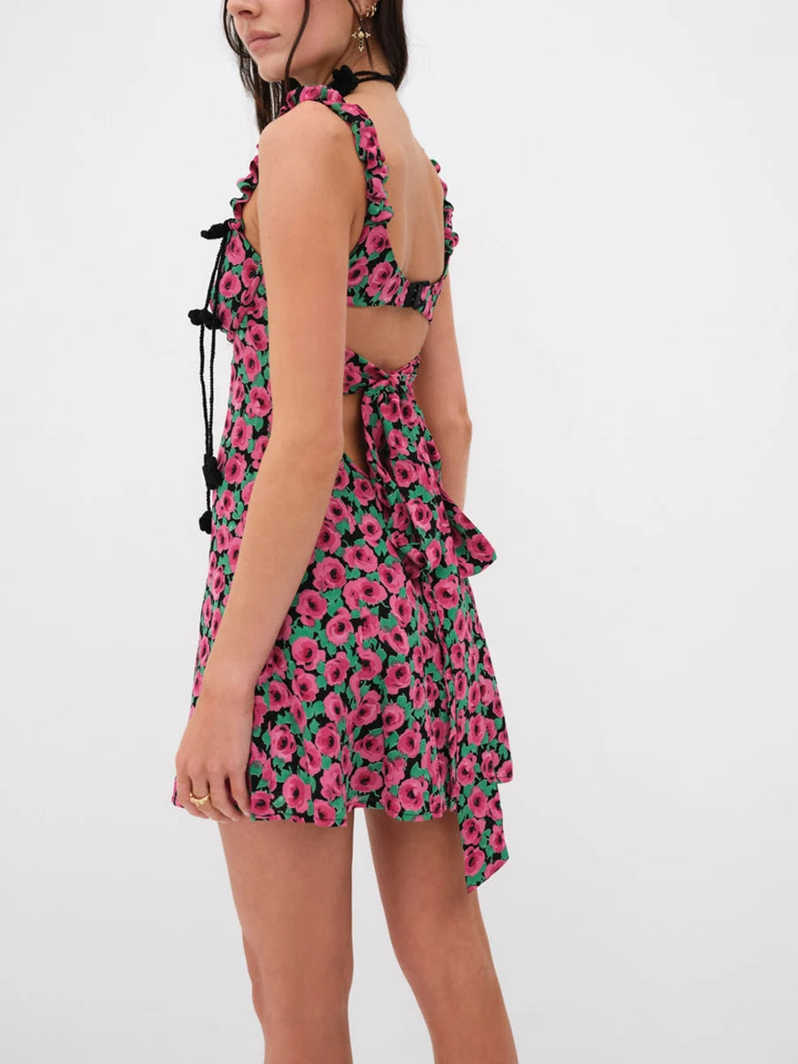 Women s Summer Mini Dress Sleeveless Sweetheart Neck Cutout Floral Print A-Line Dress Short Tank Dress