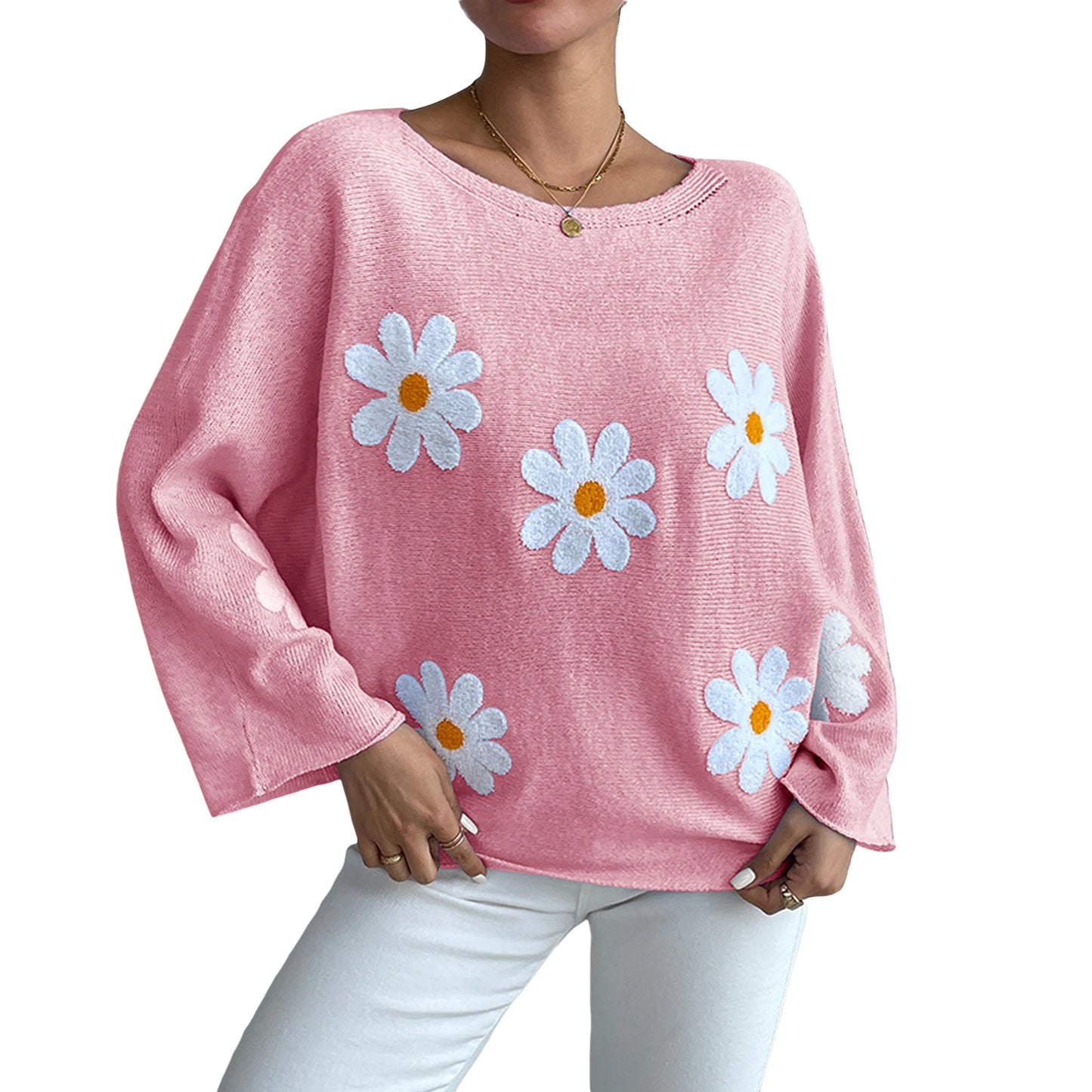 Women Loose Knit Sweater Sweet Flower Embroidered Long Sleeve Boat Neck Pullovers Spring Fall Casual Jumpers Tops