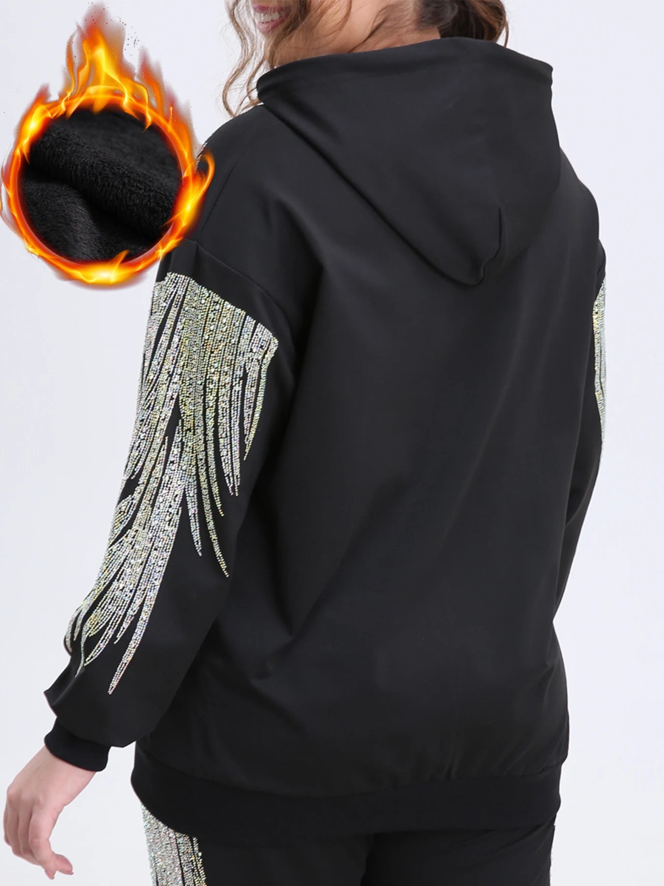 Plus Size Zip Up Women Hoodies Fleece Rhinestones Graphic Jacket Warm Soft and Thick for Winter Hooded Sweatshirt Relaxed Fit