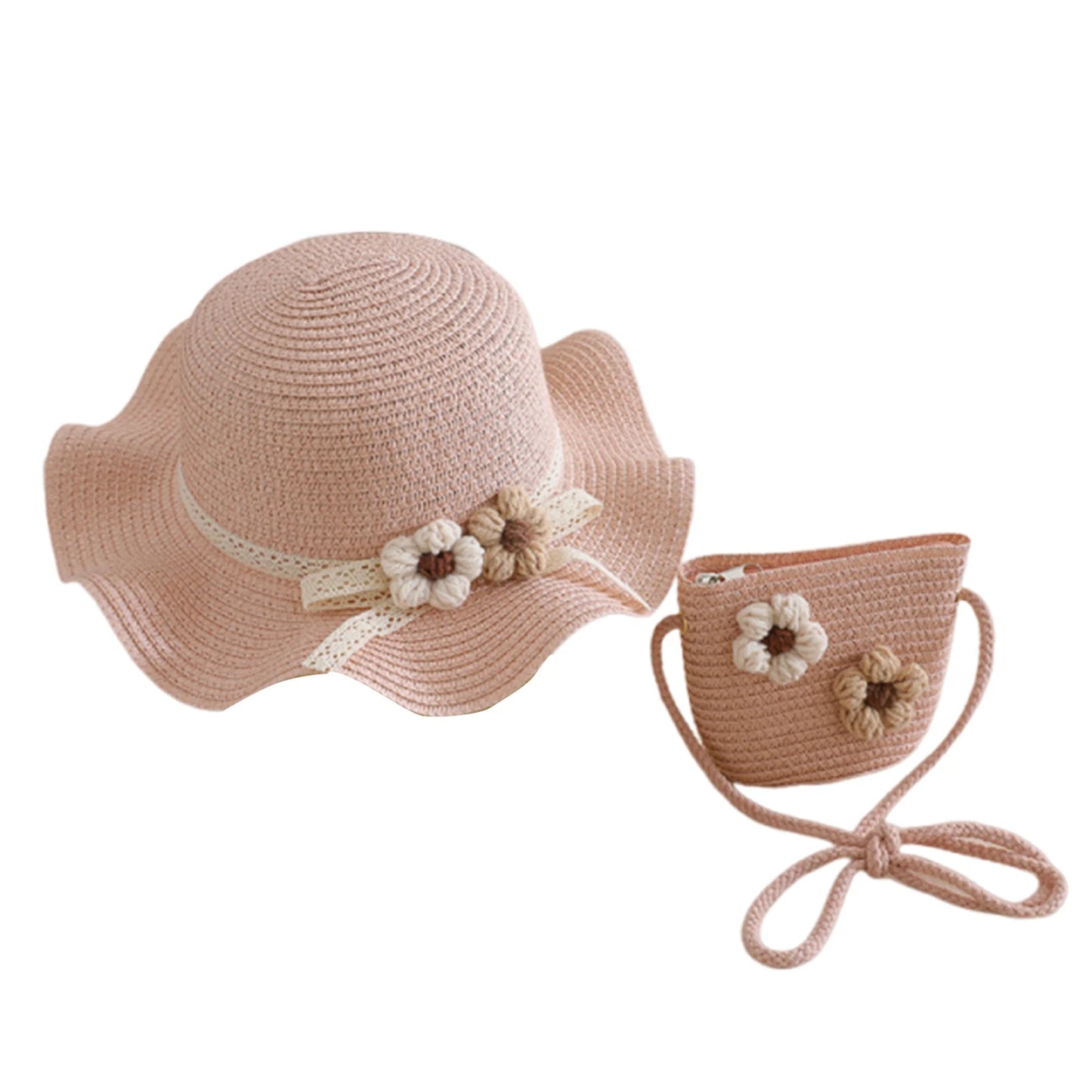 Girls Summer Sun Hat and Tote Bag Set with 3D Floral Embellishments Lace Detail Wide Brim and Adjustable Crossbody Strap