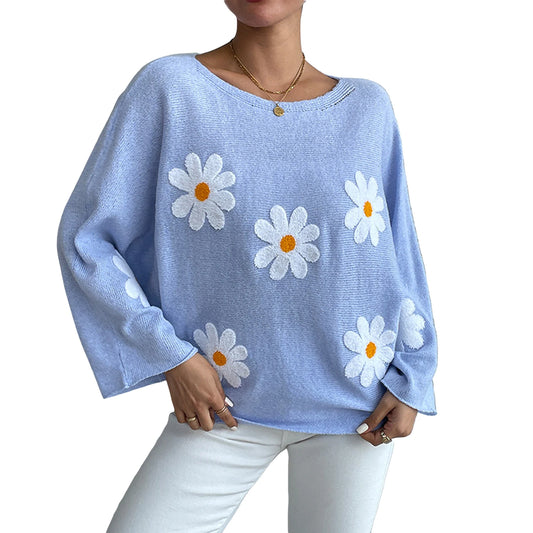 Women Loose Knit Sweater Sweet Flower Embroidered Long Sleeve Boat Neck Pullovers Spring Fall Casual Jumpers Tops