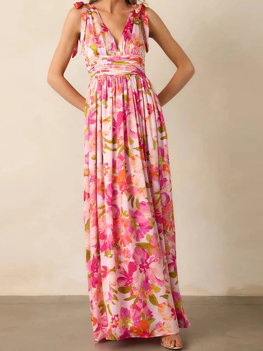 Elegant Maxi Dress with Boho Floral Print Stylish V-Neckline and Chic Tie-Up Shoulder Detail Perfect for Summer Casual Wear