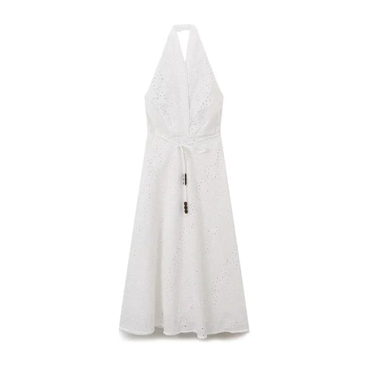 LIBIELIY Women's Hollow Embroidered Hanging Neck Dress Solid Color Decoration Spring/Summer Casual Women's Wear