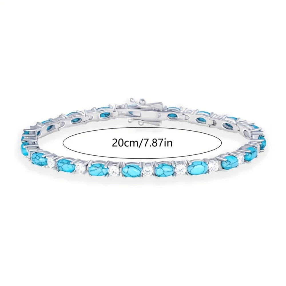 925 Sterling Silver 20cm Turquoise Tennis CZ Zircon Chain Bracelet for Women Luxury Crystal Fine Jewelry Gift Shipping from USA