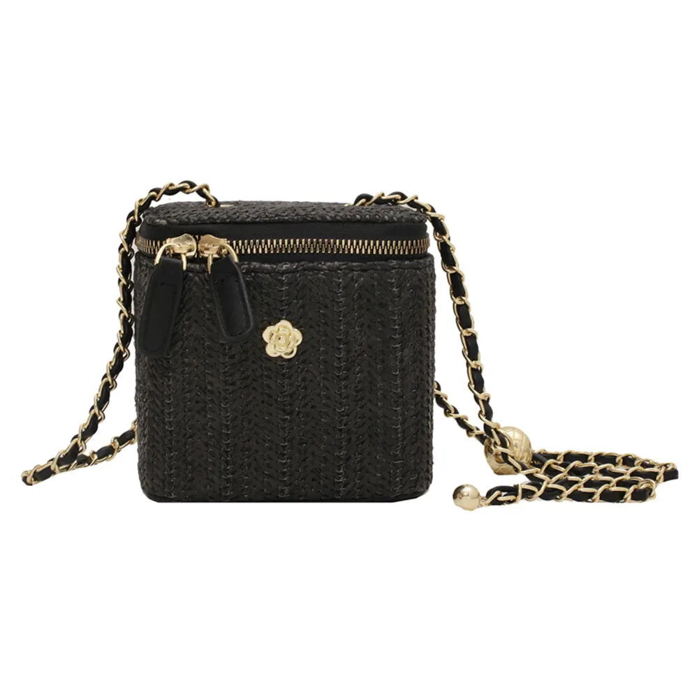 Women Weaving Beach Handbag with Chain Straw Bucket Satchel Bag Bohemian Top Handle Bag Ladies Summer Daily Bag