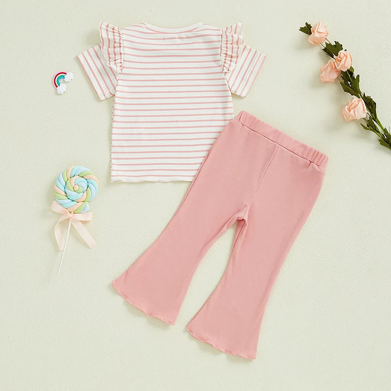 Girls Summer Outfits Lettuce Trim Striped Print Ruffles Short Sleeves T-Shirt with Elastic Flare Pants - Adorable Matching