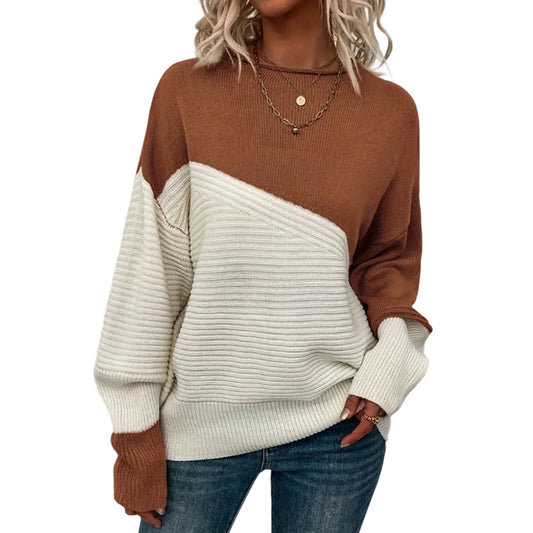 Women'S Casual Round Neck Colorblock Pullover Sweater Loose Casual Long Sleeve Contrast Color Top Pulls Femmes Woman Clothes