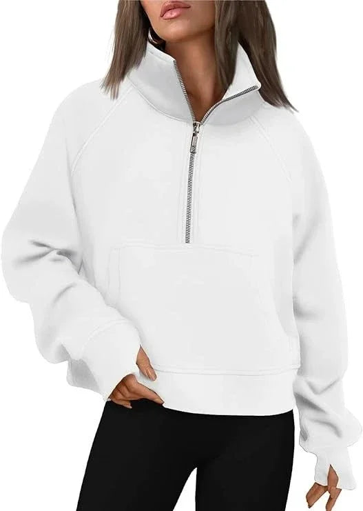New Women's Spring Autumn Winter Stand Collar Plus Fleece Solid Color Hoodie Long Sleeve Pocket Loose Half Zip Pullover Hoodie