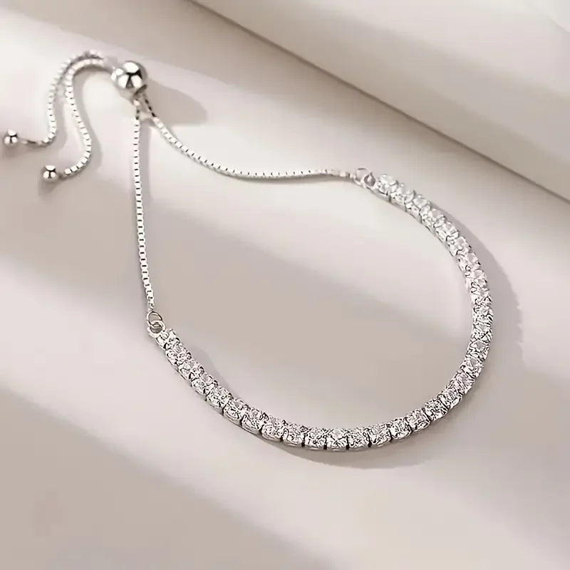 Elegant Unisex Tennis Bracelet, 925 Silver with 18K White Gold Plating, Fashionable Moissanite Studded, Adjustable Chain