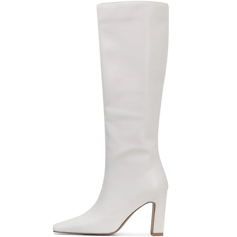 GIGIFOX Women Chunky High Heel Boots Square Toe Pull-on Side Zipper Knee High Shoes Elegant Fashion Dress Party Boots For Woman