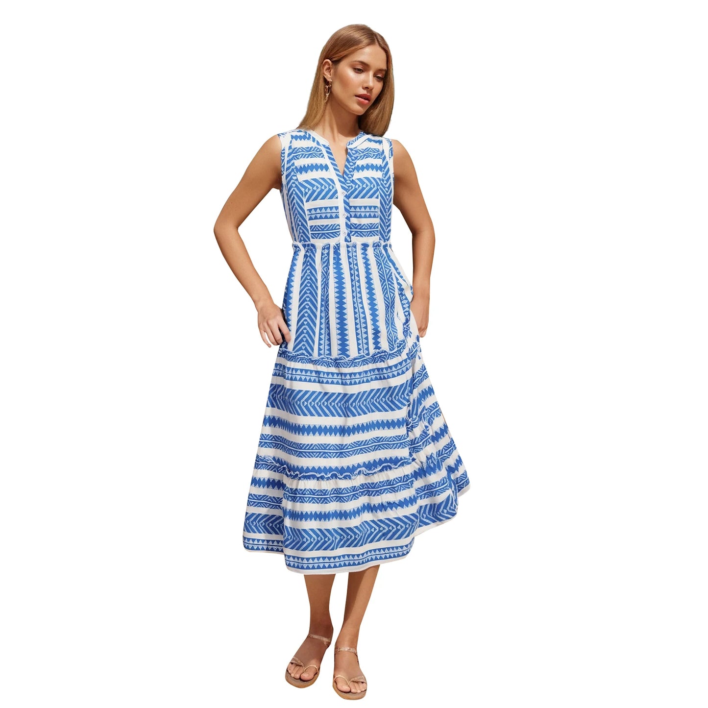 Elegant Floral Print Sleeveless Dress with V-Neck and Button Detail for Women s Summer Beach Party or Streetwear Club