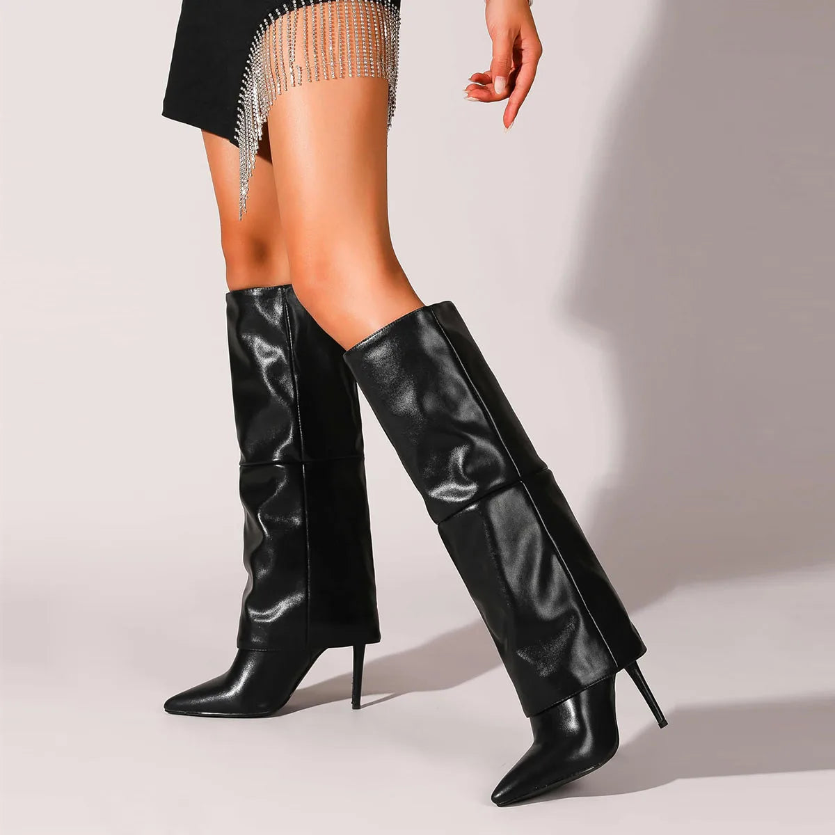 Women's Fold Over Boots Knee High Boots for Women Pointed Toe Stiletto Heel Long Boots Sexy Tall Boots Slip On Fall Winter boots