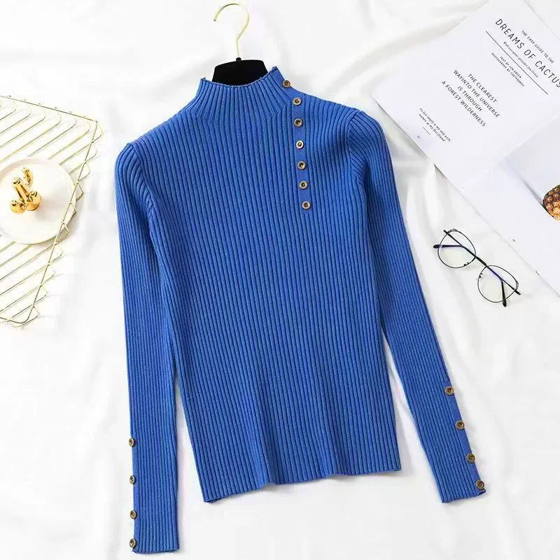 2025 Women Autumn Knitted Slim Sweaters Solid Knitted Female Cotton Soft Elastic Color Pullovers Button Full Sleeve Turtleneck