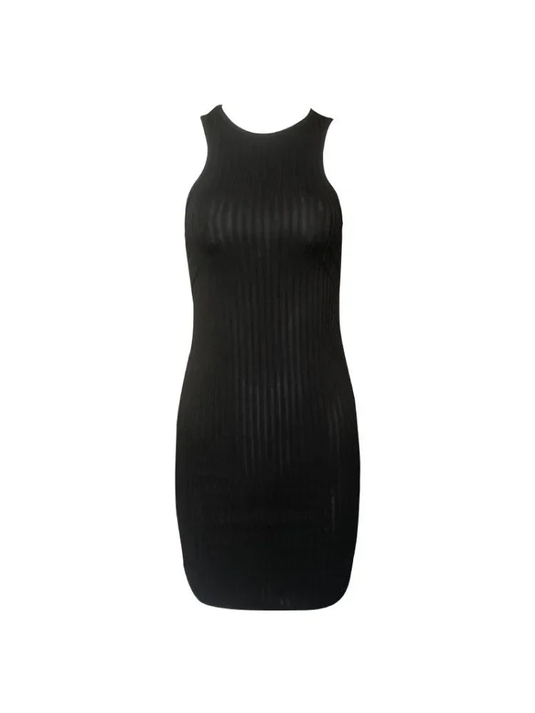 Sexy Stripes Thread Knitting Slim Bodycon Dress Women Sleeveless Solid Color Skinny Mini Dress Elegant Club Party Vestidos