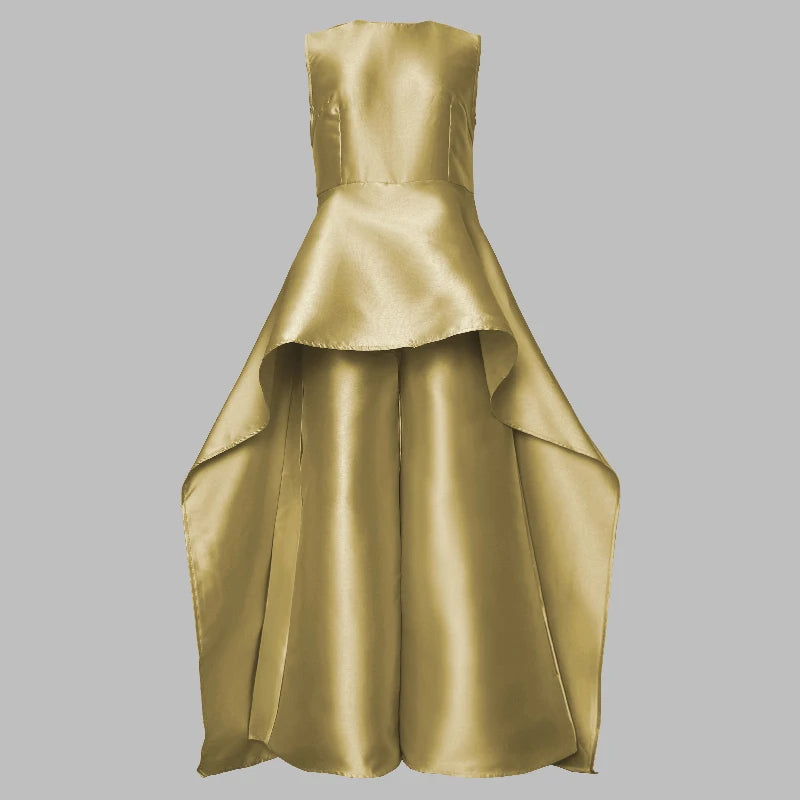 2024 New Women's Evening Dress Jumpsuit  Wrap Falbala Layered Summer Solid Color Zipper Round-neck Evening Jumpsuits