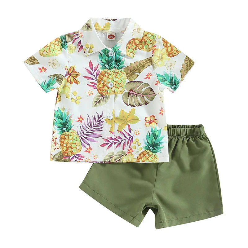 Baby Boy Summer Outfits Hawaiian Print Short Sleeve Shirt Denim Shorts Set for Toddler Boys