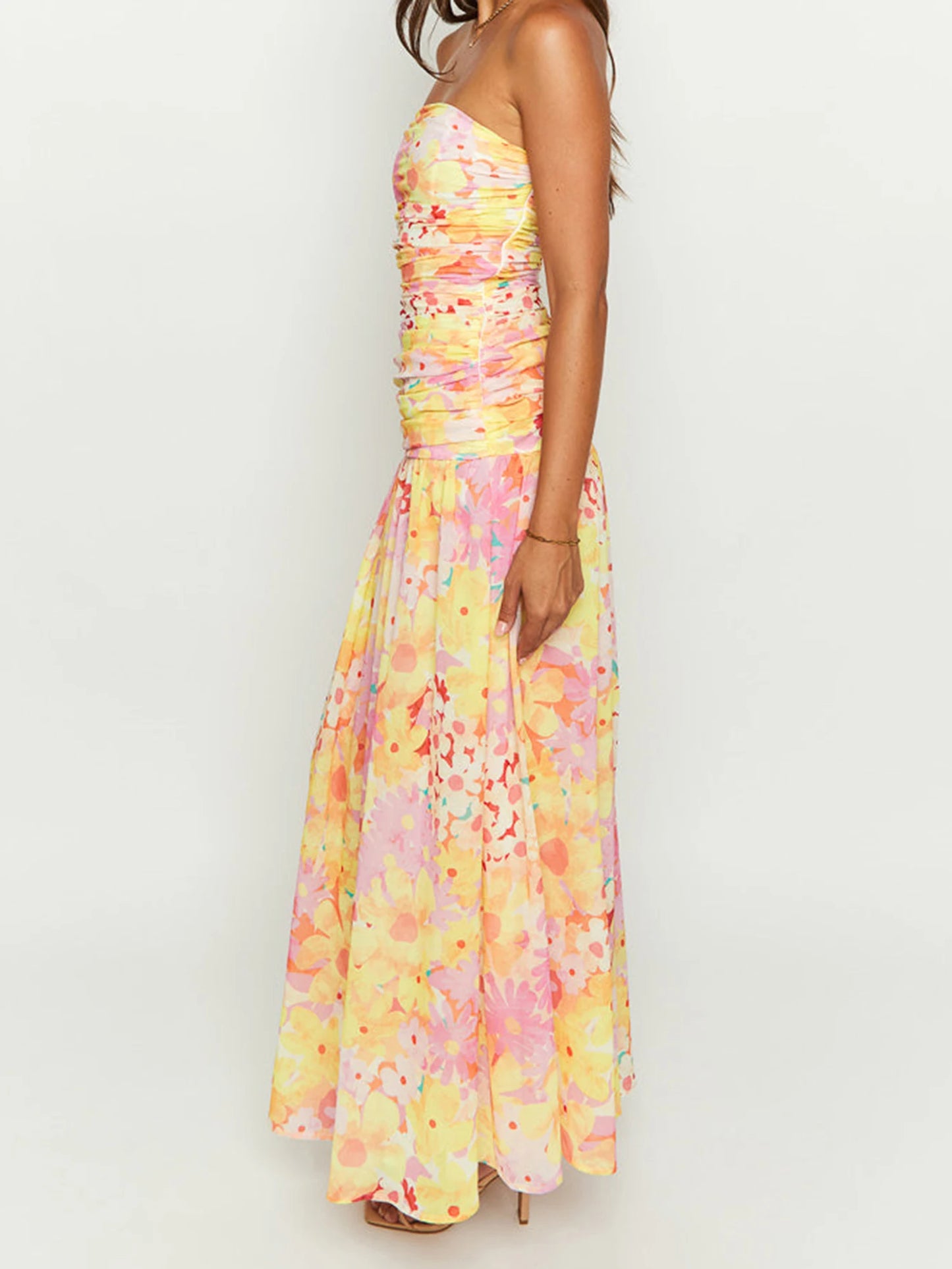 Women s Floral Print Maxi Dress Sleeveless V-Neck Empire Waist Summer Dress with Ruffle Hem and Adjustable Straps