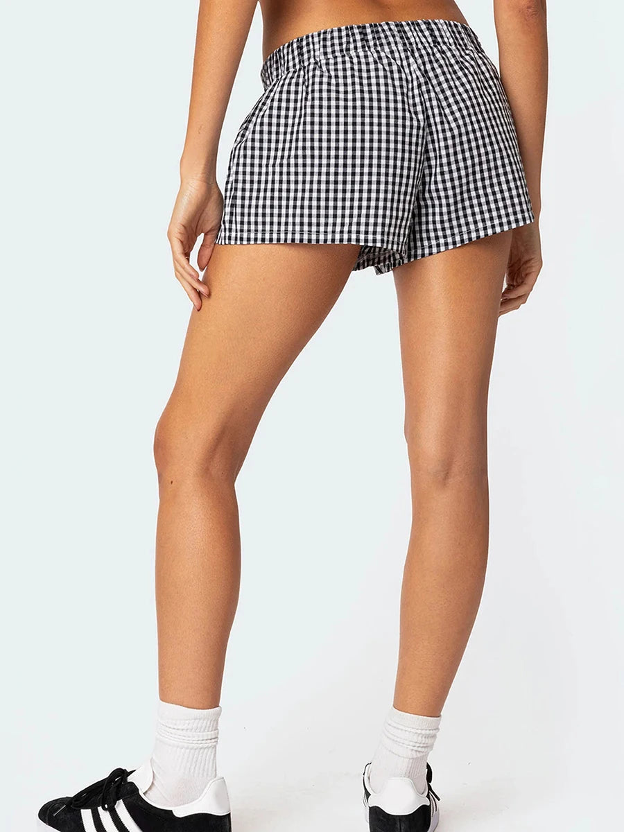 Women s Summer Casual Shorts Plaid Print Elastic Waist Loose Short Pants Pull On Lounge Shorts
