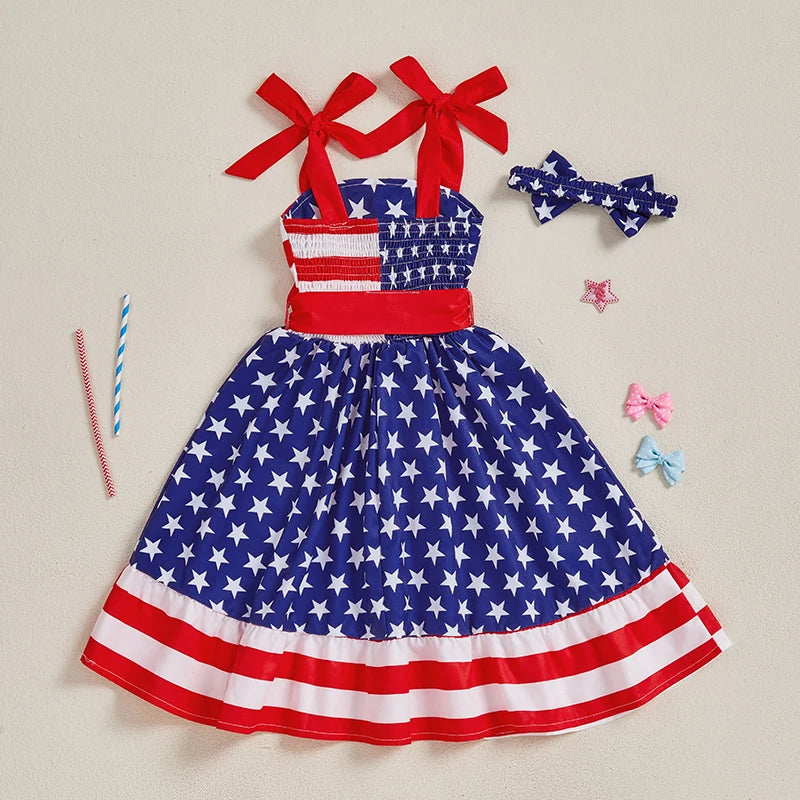 Girls Fourth of July Outfits American Flag Print Ruffle Sleeveless Dress with Matching Headband for Independence Day