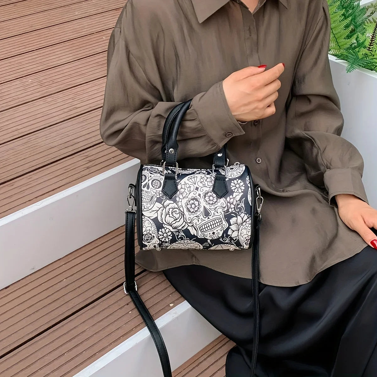 Flower Skull Print Handbag, Halloween Party Ghost Boston Bag, Trendy Small Crossbody Purse