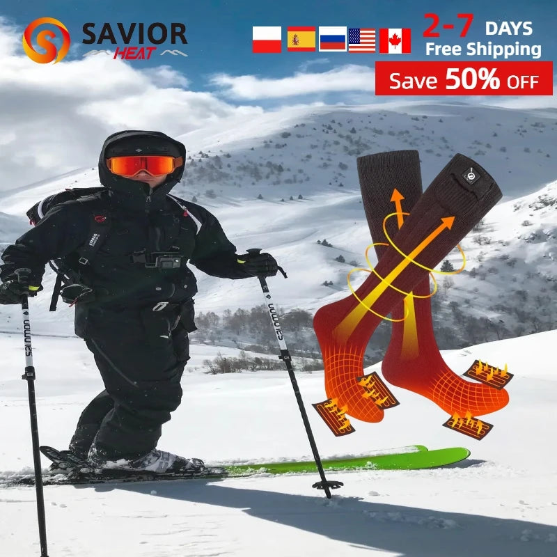 SAVIOR HEAT Rechargeable Heated Socks For Men and Women Electric Heated Socks Warm Foot Thermal Stocking with Battery Winter Ski