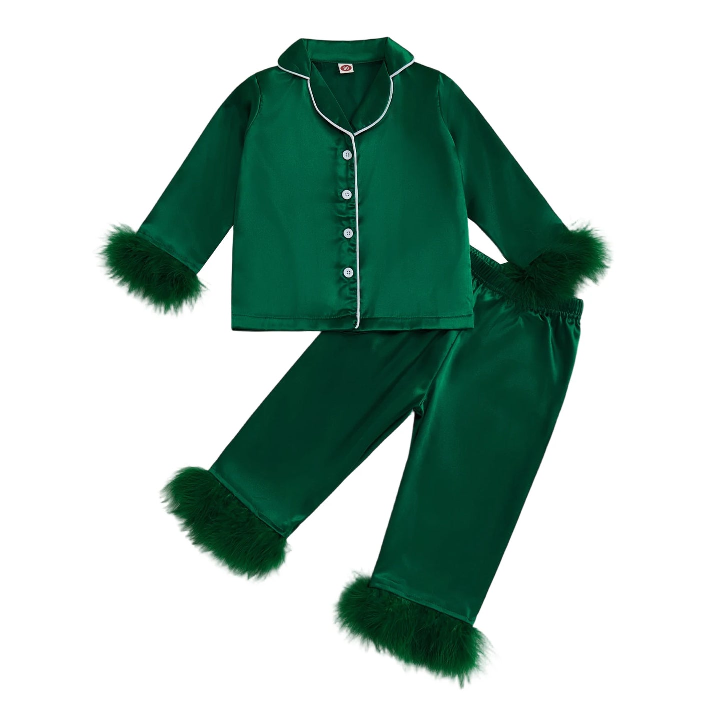 Children s Satin Pajama Set with Plush Trim Long Sleeve Button-up Shirt Elastic Waist Pants - 2 Piece Sleepwear Ensemble