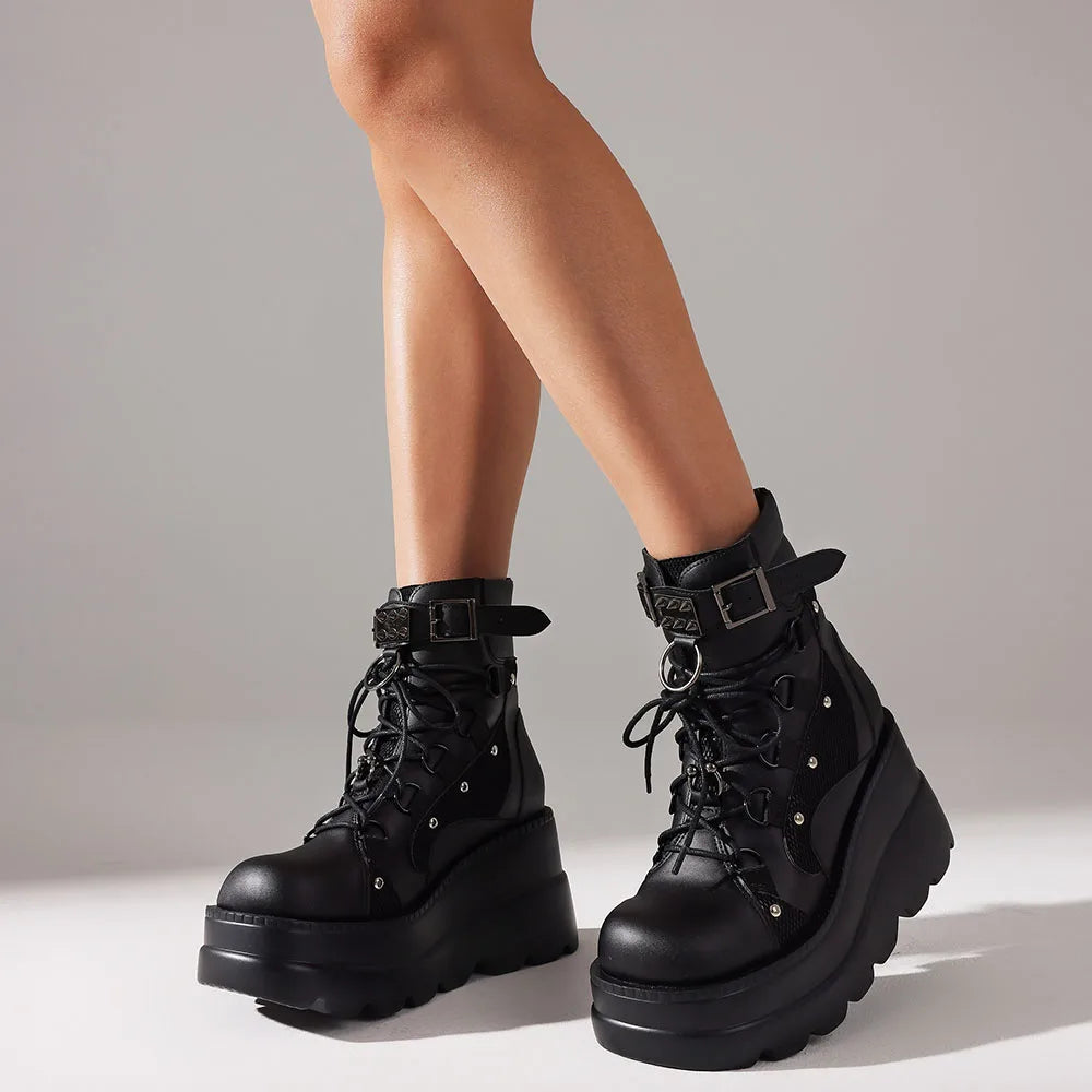 DoraTasia Punk Ankle Boots Platform Back Zipper Buckle Round Toe Lace-up Chunky High Heeled Shoes Mixed-color Motorcycle Boots