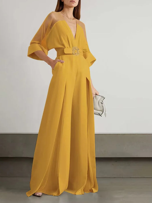 2025 New White Elegat One-piece Suit for Urban Women V-neck Mesh Patchwork Raglan Sleeve Belted Wide Leg Jumpsuit Party Overall