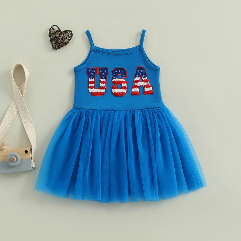 Independence Day Toddler Girl Dress with Embroidered Letters Sleeveless Tulle Patchwork A-Line Dress Perfect for Summer