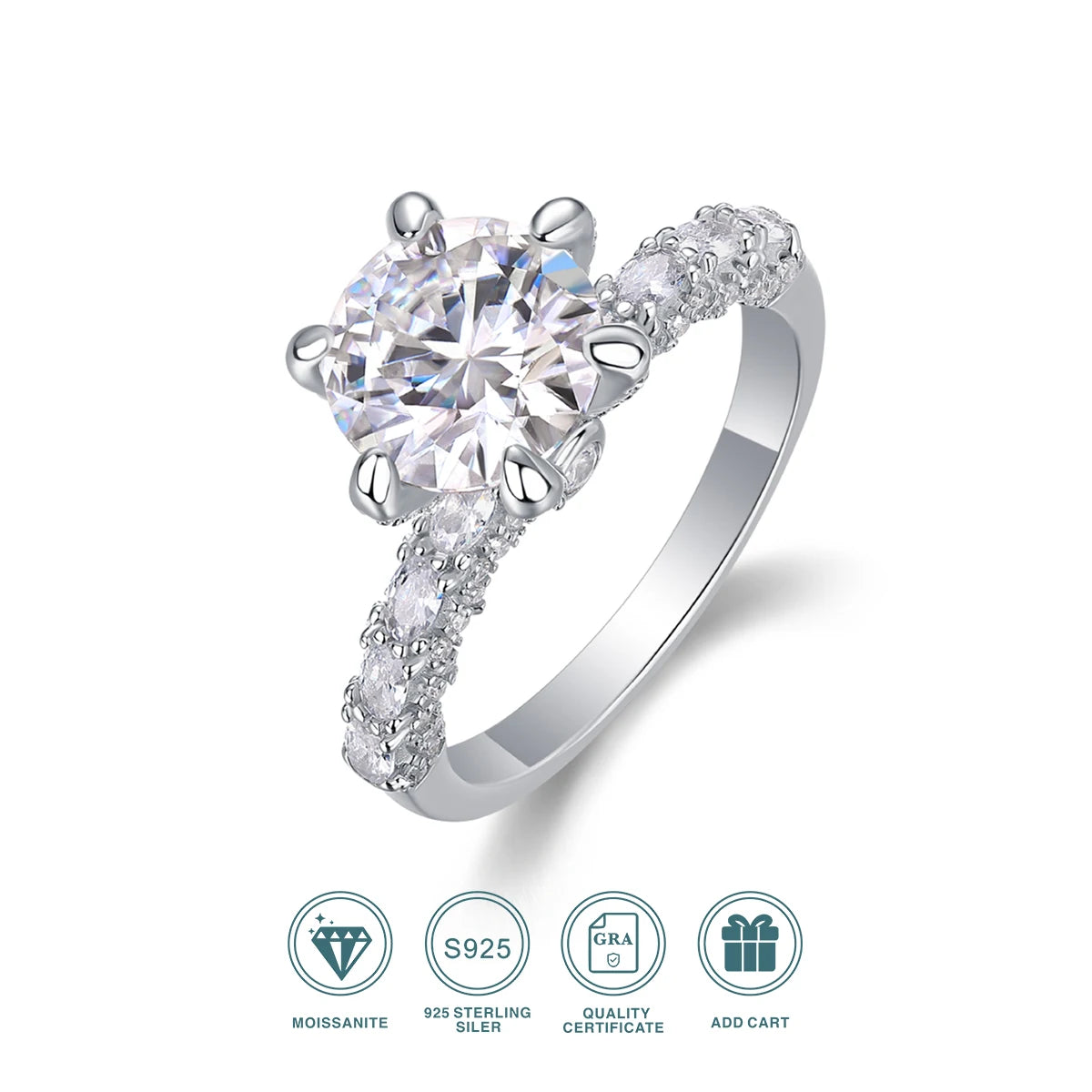 JIUZUAN 1/2/3 Carat Women's Engagement Ring Round Cut Moissanite Ring 925 Sterling Silver Classic Wedding Anniversary Ring