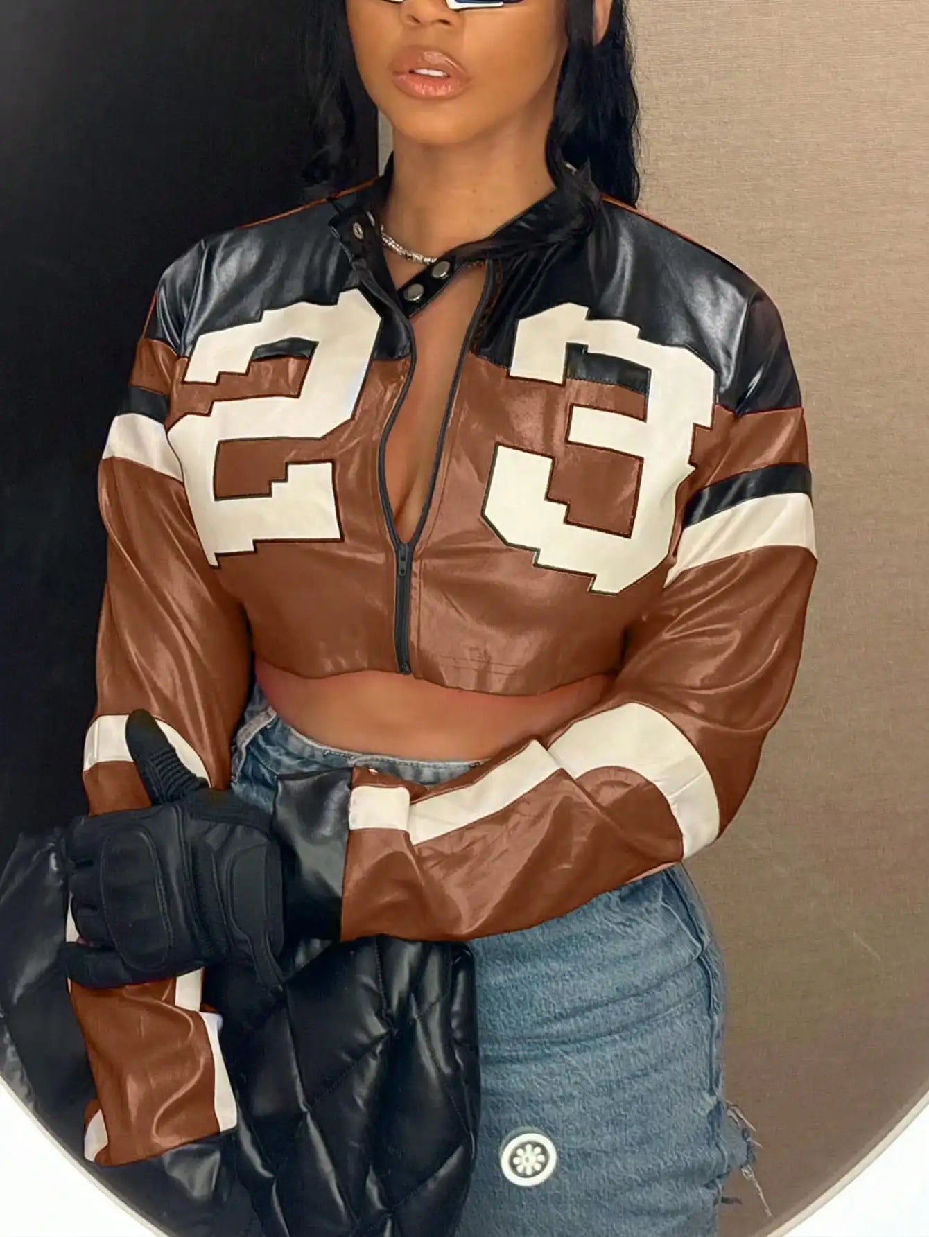 Women's Red Faux Leather Zipper Bomber Jacket - Short Casual Coat for Christmas/New Year Party Outfits