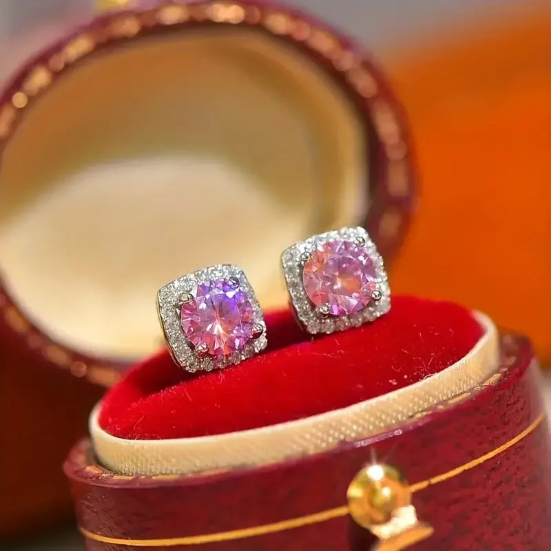 925 Silver Plating. 1 Carat Pink Moissanite* 2, Fashionable Earrings for Men and Women