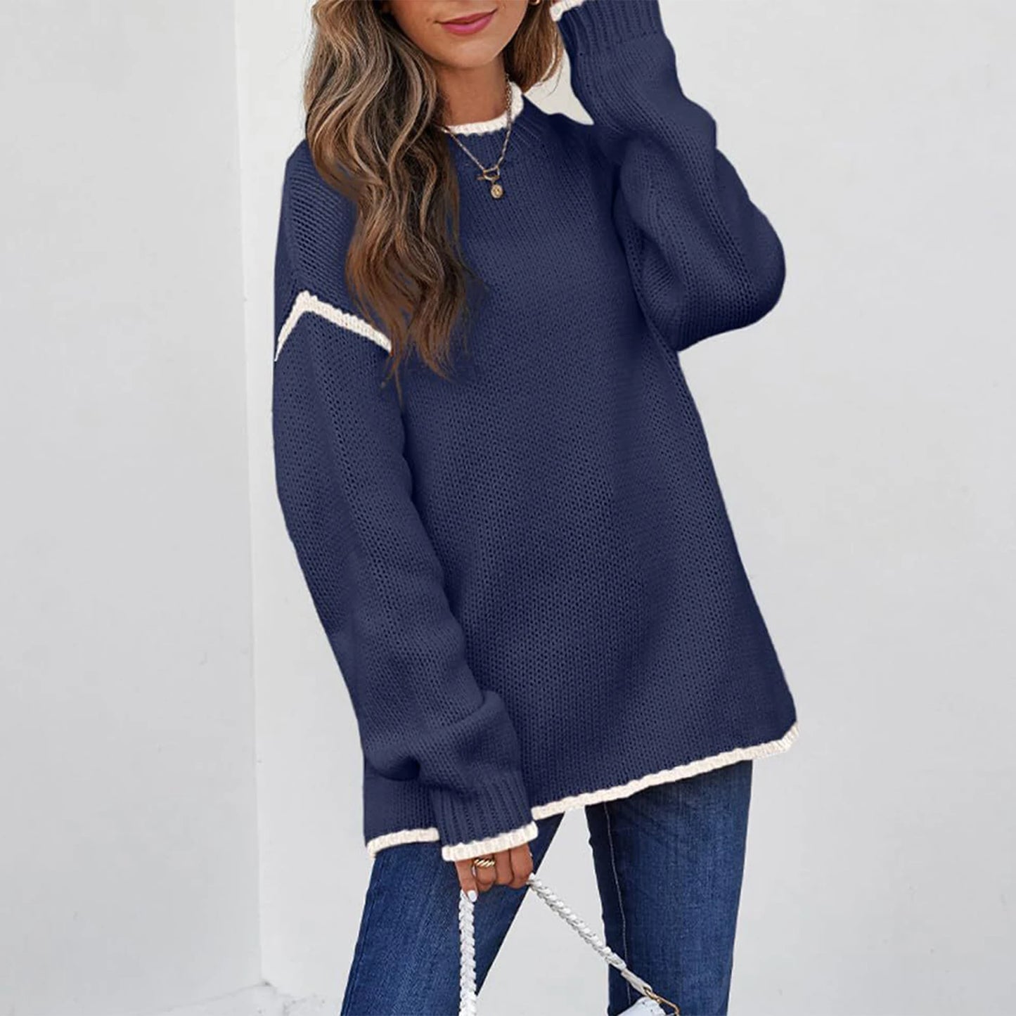 Women'S Fashion Color Blocked Round Neck Long Sleeved Knitted Sweater Pullover Sweater Top Winter Clothes Woman Ropa De Mujer