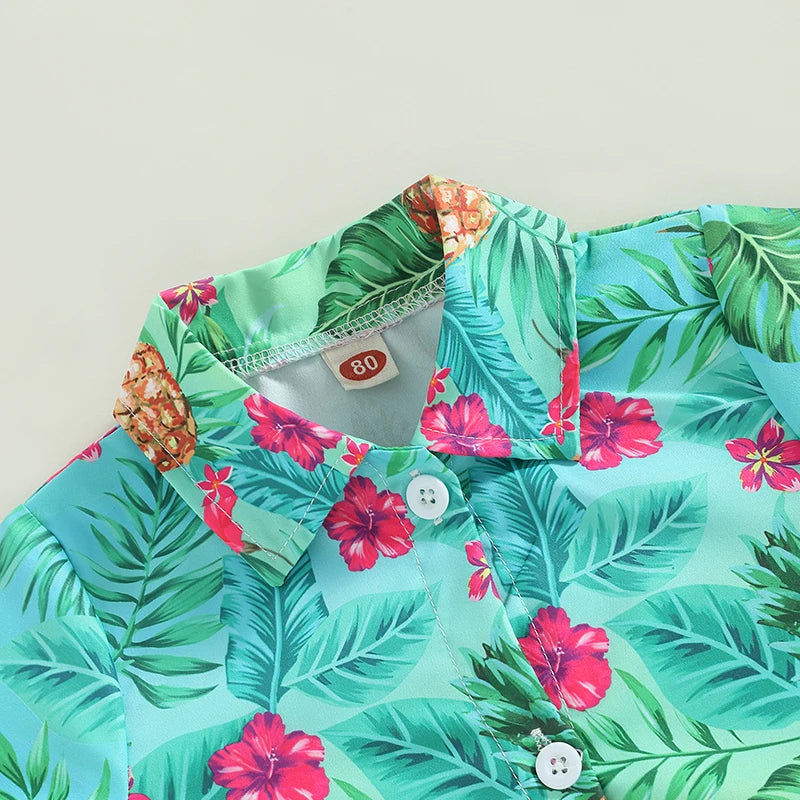 Baby Boy Summer Outfits Hawaiian Print Short Sleeve Shirt Denim Shorts Set for Toddler Boys