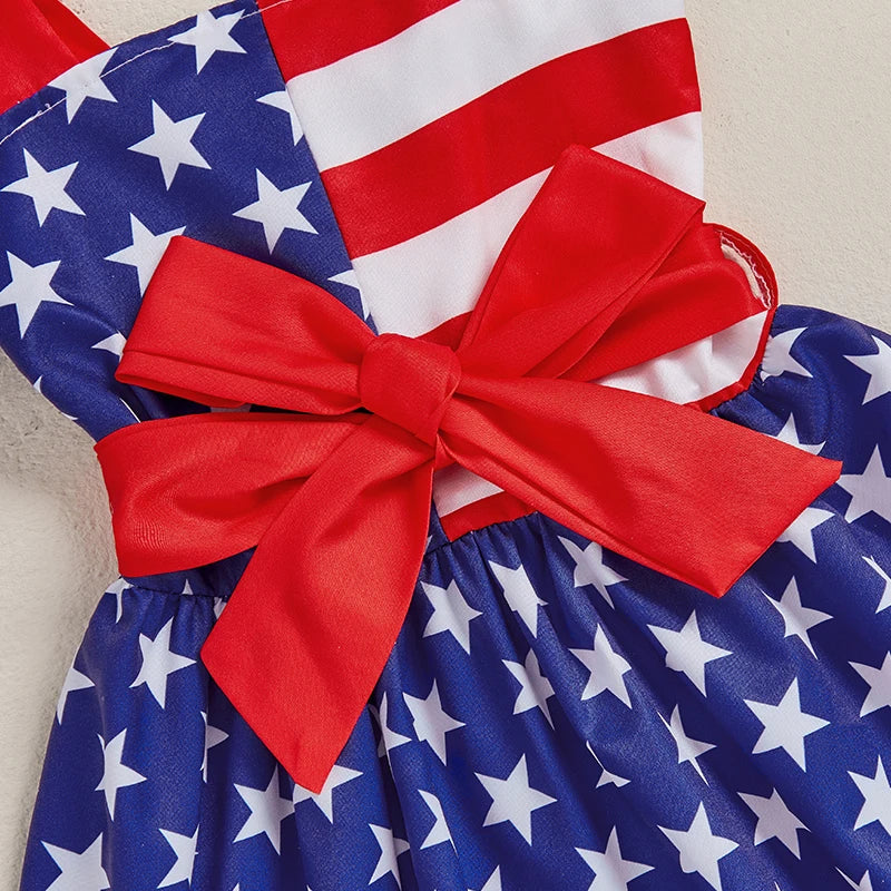 Girls Fourth of July Outfits American Flag Print Ruffle Sleeveless Dress with Matching Headband for Independence Day