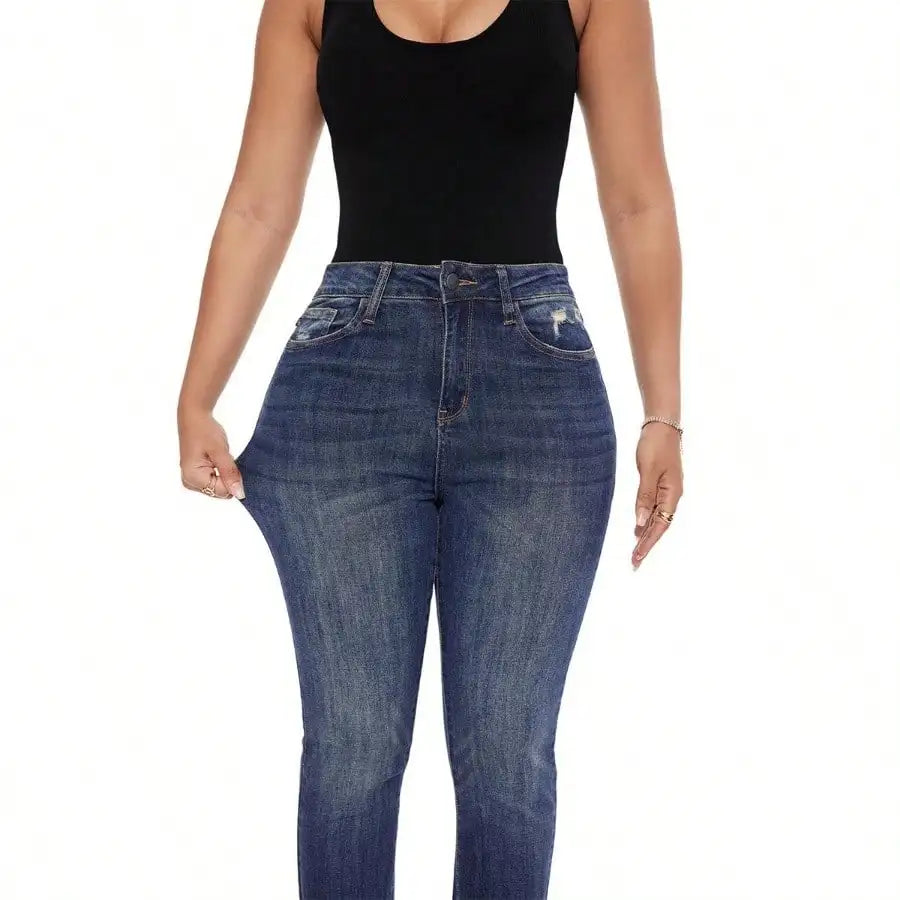 Women High Waist Stretch Hip Lift Denim Skinny Pants Jeans Full Length Sexy Slim Bleachded Solid Color Pants