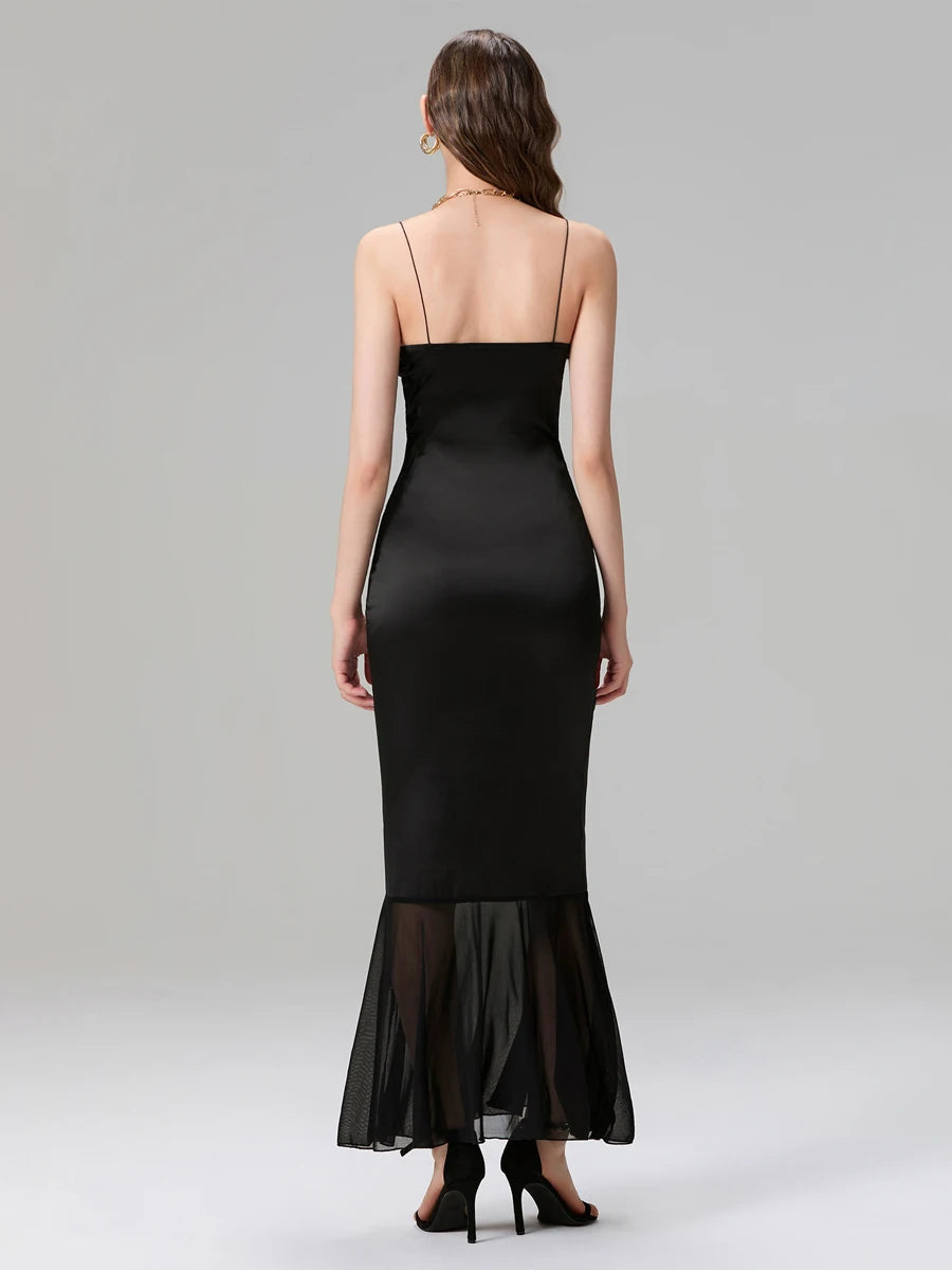 Women’s Elegant Long Slip Dress Sleeveless Spaghetti Strap V-Neck Lace  Fit Fish Tail Dress for Party