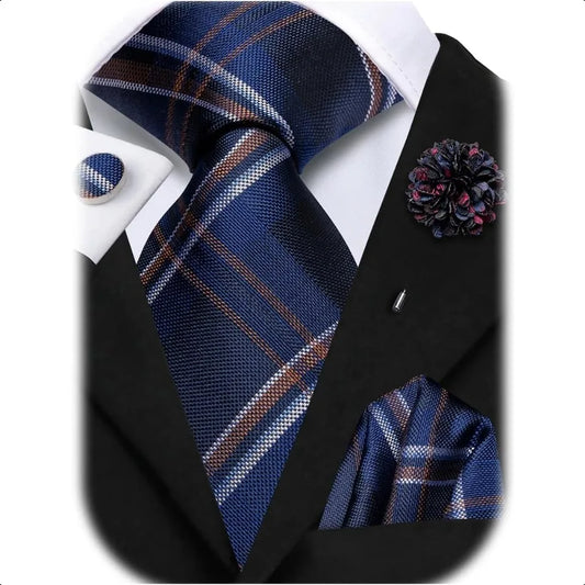 HiTie Mens Silk Ties and Flower Lapel Pin Pocket Square Cufflinks Set 4PCS Necktie for Wedding Business