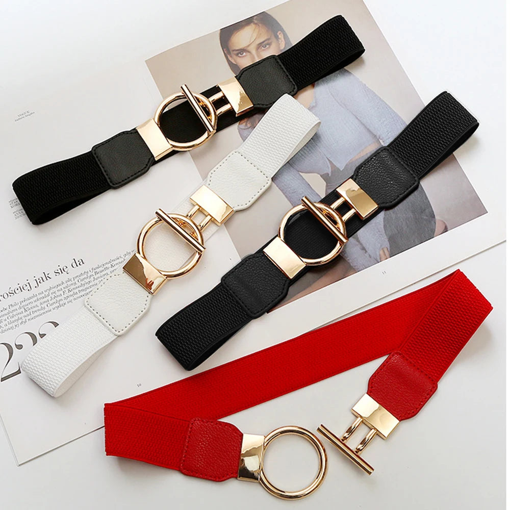 3 Pieces Women Waistbands Fashionable Elastic Cummerbunds with Metal Buckle Red Black Brown Color