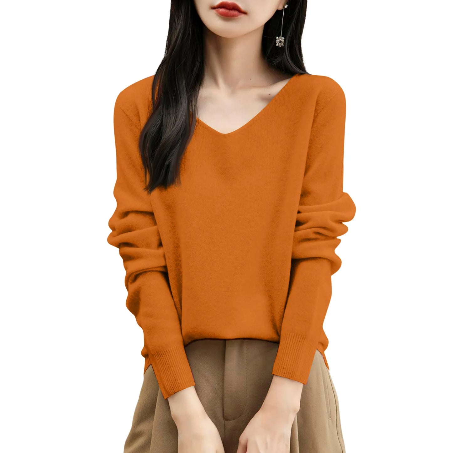 Women'S Fashion Flat-Knit V-Neck Pullover Sweater Solid Color Long-Sleeve Top Pulls Femmes Woman Clothes Sweater For Woman