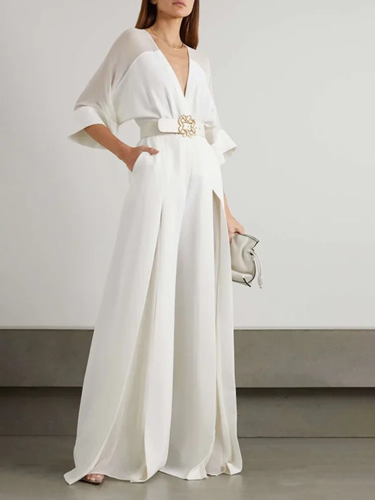 2025 New White Elegat One-piece Suit for Urban Women V-neck Mesh Patchwork Raglan Sleeve Belted Wide Leg Jumpsuit Party Overall