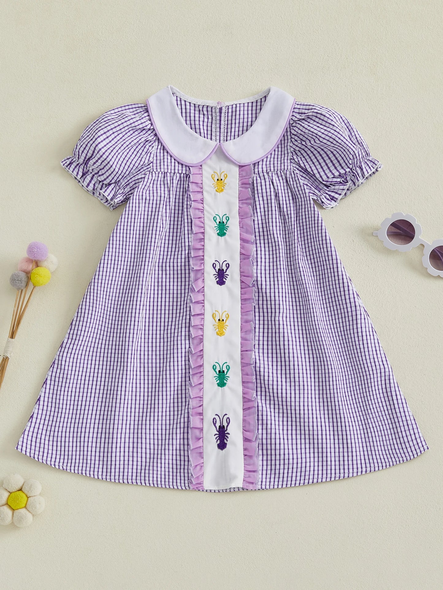 Adorable Toddler Girl Dress with Cute Short Sleeves and Doll Collar Featuring Lobster Embroidery on Plaid Pattern - Perfect