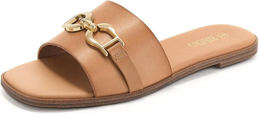 Women's Flat Sandals Summer Comfortable Square Open Toe Slip On Leather Slide Sandals